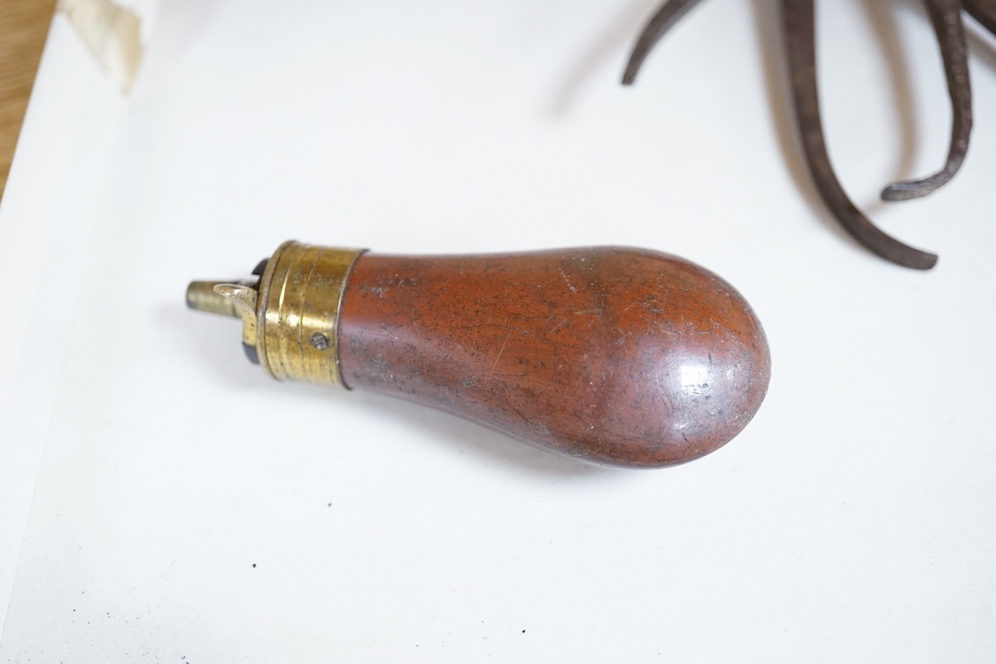 A six shot 80 bore, self-cocking, pepperbox revolver signed; W. Dooley, Liverpool, with foliate engraved frame and fluted barrel, Birmingham proved, and one piece rounded chequered walnut grip, together with a small copp